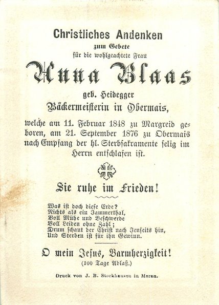 Todesanzeige von Anna Blaas, geborene Heidegger (1848-1876)