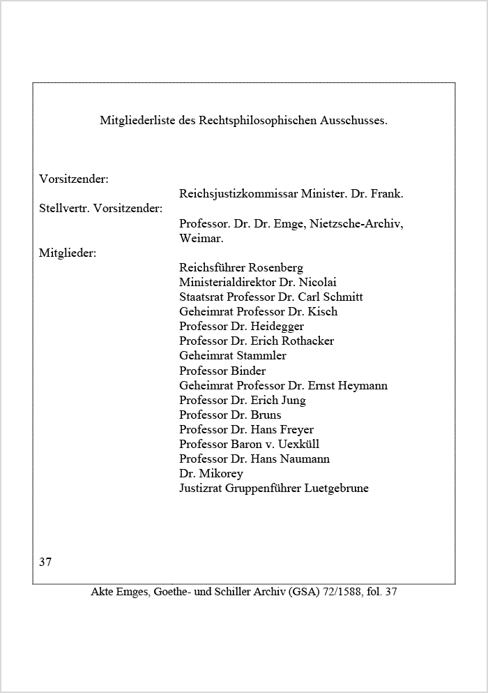 Mitgliederliste des Ausschusses für Rechtsphilosophie (1934); in: Akte Emges über den Ausschuss für Rechtsphilosophie (GSA 72/1588), fol. 37 - von Miriam Wildenauer erstellte Projektion aller semiotischen Informationen