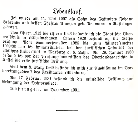 Lebenslauf von Hermann Behrends (1907-1948) aus seiner Marburger Dissertation von 1932