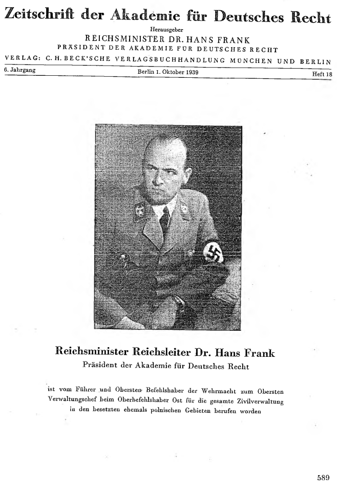 Hans Frank (1900-1946) in Uniform als Generalgouverneur auf der Titelseite von Heft 18 vom 1. Oktober 1939 der Zeitschrift der Akademie für Deutsches Recht