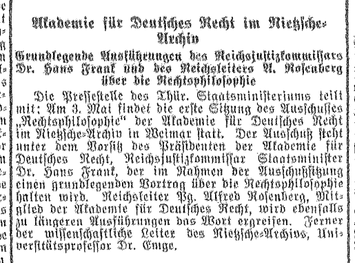 Vorankündigung der konstituierenden Sitzung des Ausschusses für Rechtsphilosophie vom 3. Mai 1934 aus der Allgemeinen Thüringischen Landeszeitung Deutschland