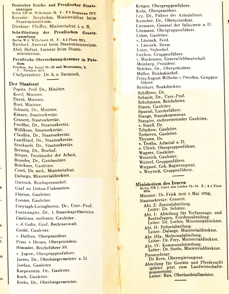 Beispiel einer Überklebung im Deutschen Führerlexikon 1934/35, Zweiter Teil, Seite 40 f.: Die Mitgliederliste des Preußischen Staatsrates ist großflächig überklebt