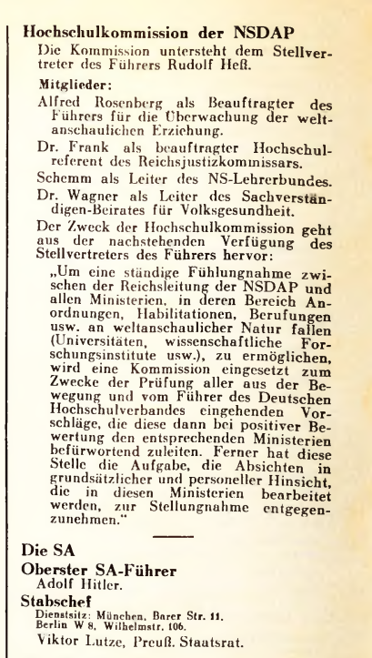 Deutsches Führerlexikon 1934/35, Zweiter Teil, Seite 8: Zusammensetzung (u.a. Alfred Rosenberg und Hans Frank) und Zwecksetzung der Hochschulkommission der NSDAP