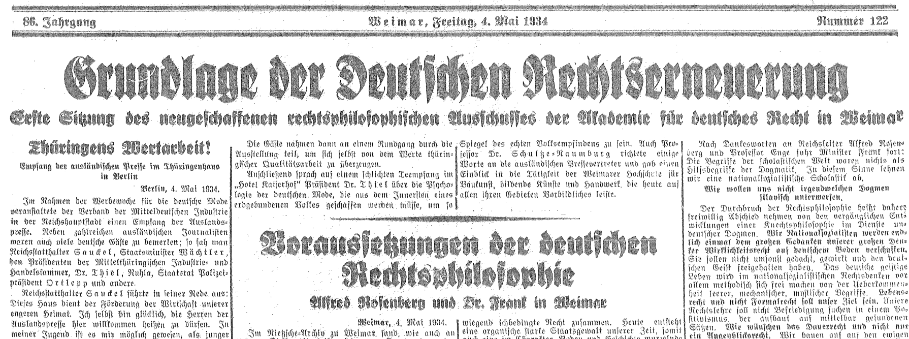 Anfang des Berichts über die Gründung des Ausschusses für Rechtsphilosophie am 3. Mai 1934 auf der Titelseite der Allgemeinen Thüringischen Landeszeitung Deutschland vom 4. Mai 1934