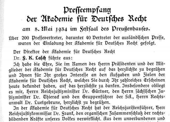 Anfang des Berichts über den Pressempfang der AfDR im Berliner Preußenhaus am 5. Mai 1934; 1. JAfDR, S. 173